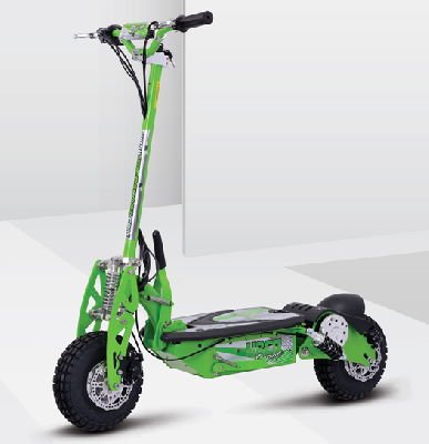 side diagonal view of a green Uberscoot 1000W electric scooter with black details