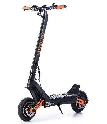 front-diagonal view of a black Inokim OXO electric scooter with orange details on a white background