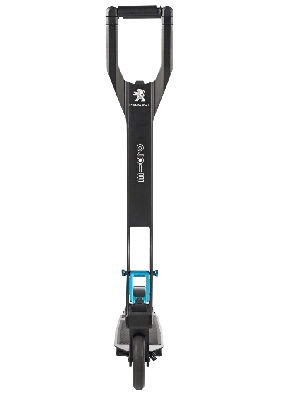 frontal view of a black Micro Peugeot e-kick X2 electric scooter with blue elements