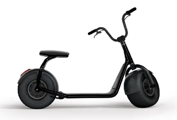 side view of a black Scrooser electric scooter with an elegant design and a seat