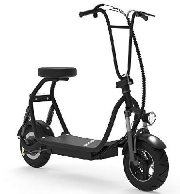 front diagonal view of a black Mua SKRT electric scooter with a seat