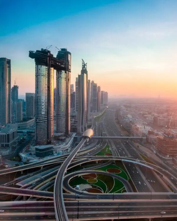 aerial view of highway and skyscrapers in Dubai