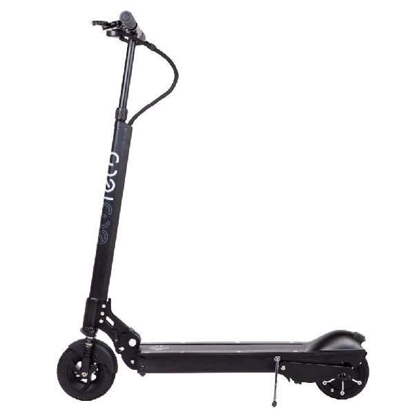 side view of a black EcoReco XS electric scooter leaning on its stand