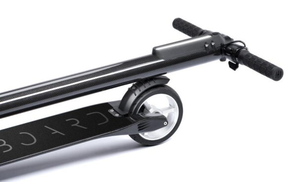 front diagonal view of a folded black SoFlow Air Carbon electric scooter