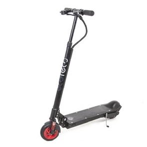 front diagonal view of a black EcoReco XS electric scooter with red details leaning on its stand on a white background