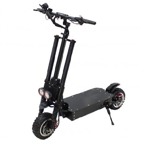 front diagonal view of a black NanRobot RS11 electric scooter leaning on its stand on a white background
