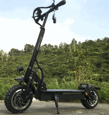 side view of a black FLJ T113 electric scooter leaning on a stand in a natural setting