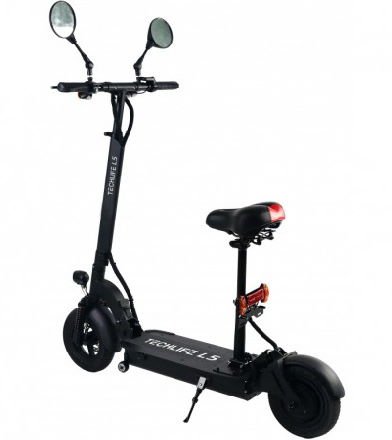rear diagonal view of a black Techlife L5T electric scooter with red details and two mirrors leaning on its stand