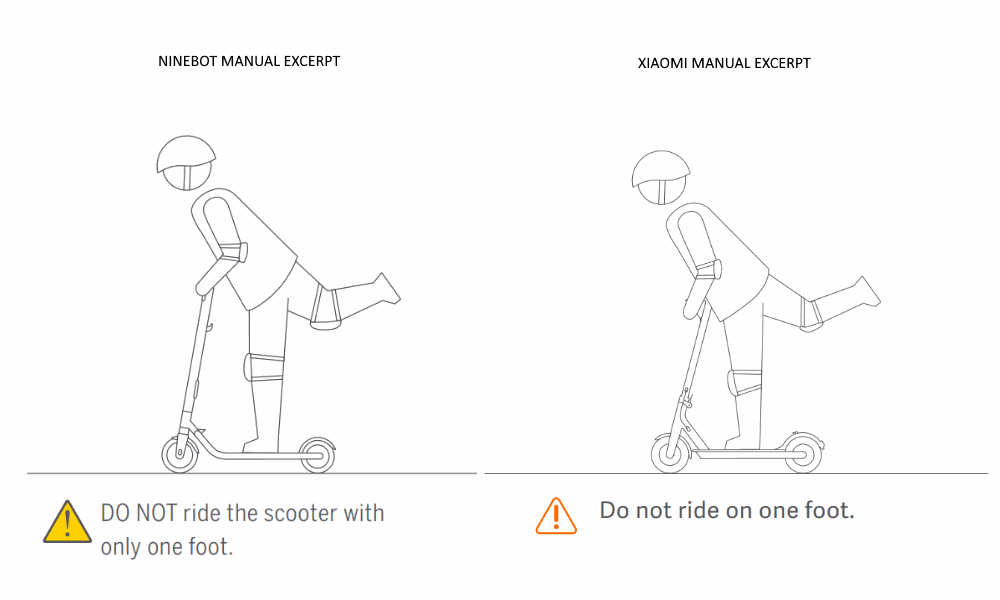 pages from the manuals of Xiaomi and Ninebot electric scooters, both advising not to ride the scooter with only one foot
