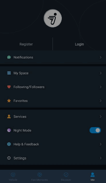 The Segway Ninebot ES2 App starting screen, Dark Mode