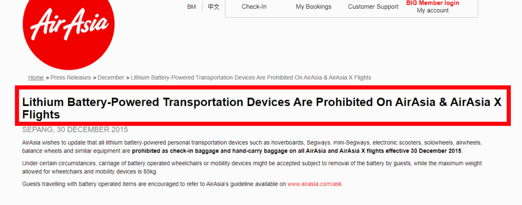 screenshot of Air Asia webpage with an announcement about prohibiting lithium battery-powered transportation devices on board
