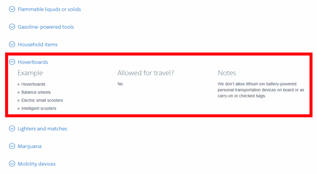 screenshot of American Airlines prohibited items section, where all kinds of scooters and personal transportation devices are highlighted as not allowed for travel at all
