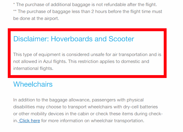 screenshot of Azul's webpage about baggage with the part about scooters being restricted highlighted