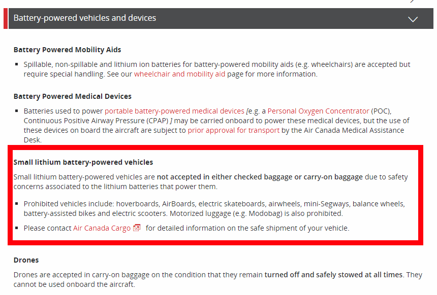 screenshot of Air Canada's battery powered vehicles and devices section, where small lithium battery-powered vehicles are highlighted as not accepted in either checked baggage or carry-on baggage