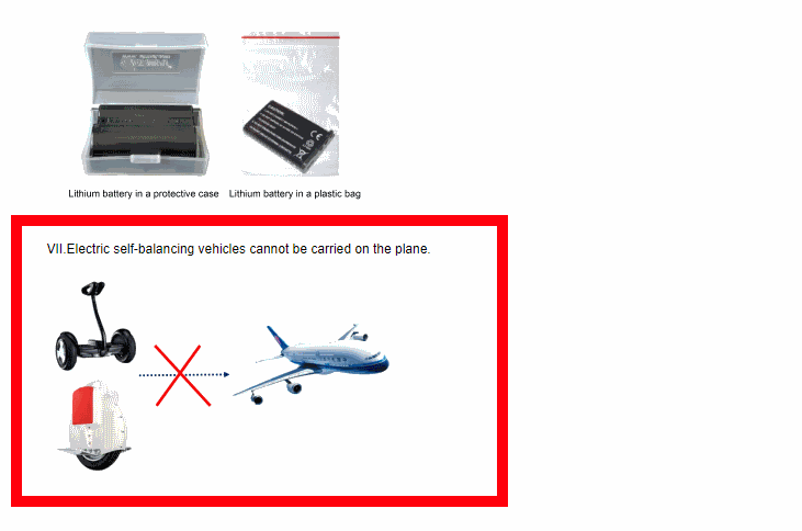 capture d’écran de la section des articles interdits des compagnies aériennes chinoises, où tous les véhicules électriques à équilibrage automatique sont mis en évidence comme interdits dans l’avion