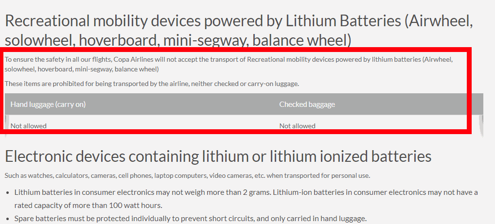 screenshot of Copa's prohibited items webpage, where all recreational mobility devices powered by lithium batteries are highlighted as not allowed neither in carry on nor in checked baggage