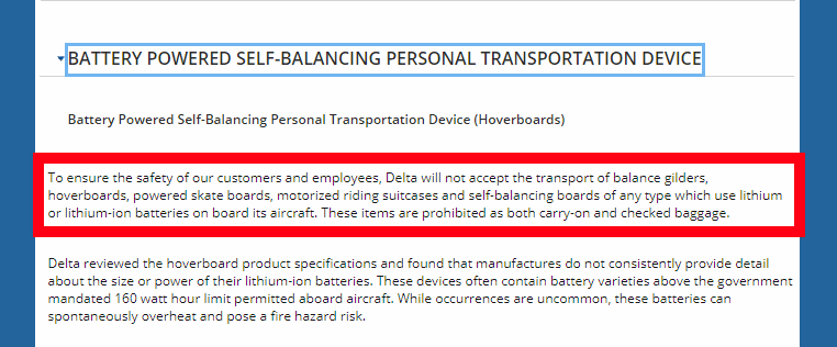 screenshot of Delta Airlines prohibited items section, highlighted part says that Delta does not allow any kind of rideables