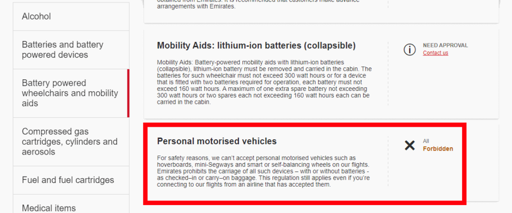 screenshot of Emirates Battery powered wheelchairs and mobility aids section, where Personal motorised vehicles are highlighted as forbidden