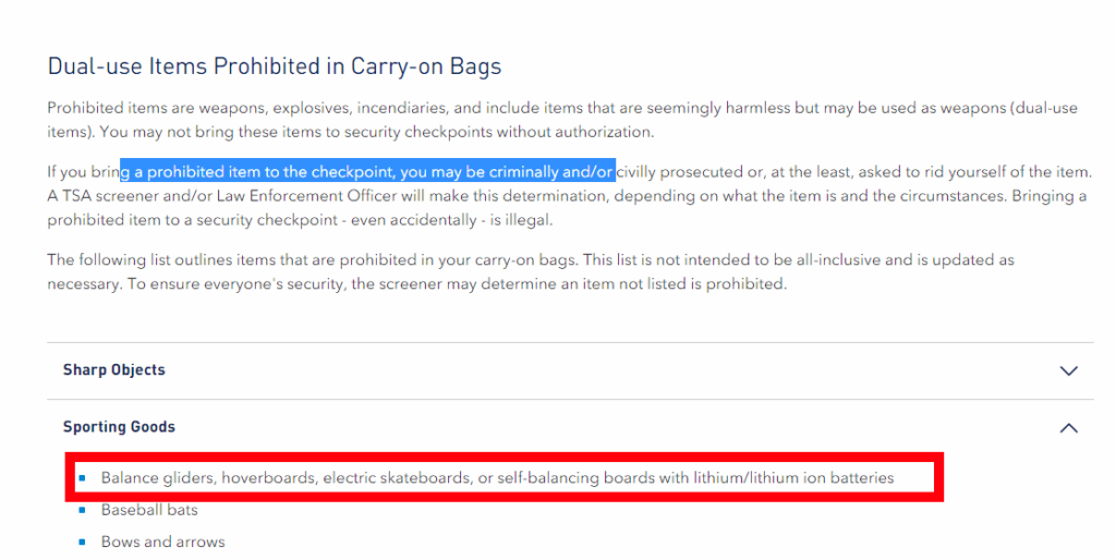 screenshot of Jetblue prohibited items section, where many rideables are highlighted as prohibited