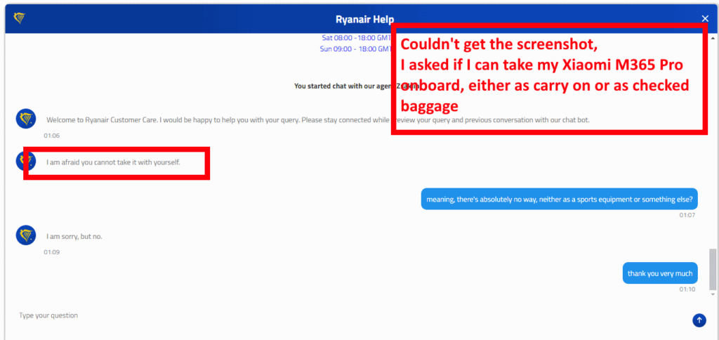 capture d’écran d’une conversation avec un agent du service clientèle de Ryanair Airlines, avec la question « Puis-je prendre mon scooter électrique Xiaomi M365 Pro à bord? » et l’agent disant « J’ai peur que vous ne puissiez pas le prendre avec vous-même »