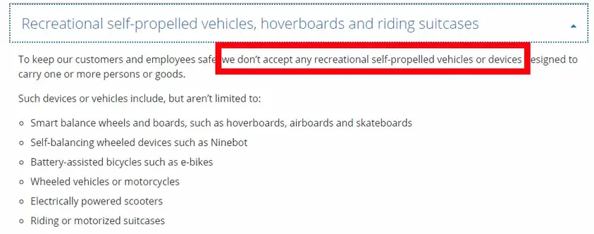 capture d’écran de la section des articles interdits de United Airlines, partie mise en évidence disant qu’ils n’autorisent aucun véhicule ou appareil automoteur récréatif, y compris les scooters électriques