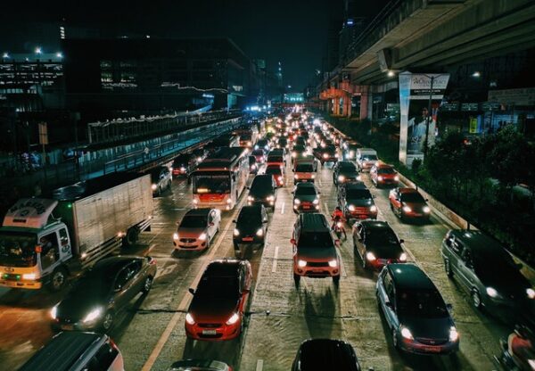 traffic jam in a busy city street at night