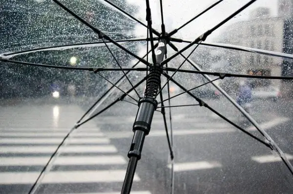 transparent open umbrella protecting from rain