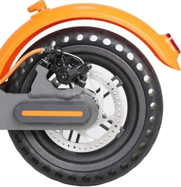 A closeup of an electric scooter brake