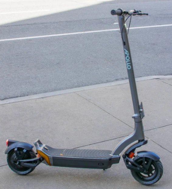 A closeup of the Apollo City electric scooter