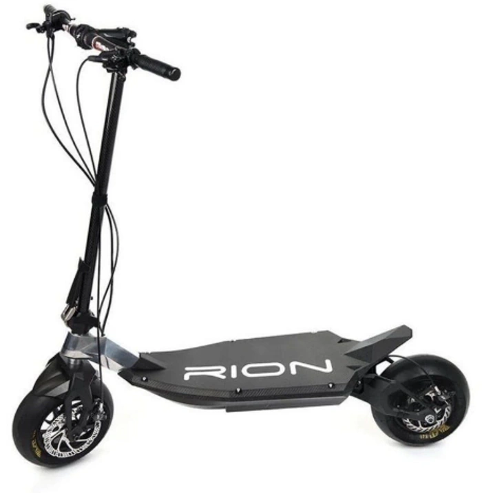 A closeup of the Rion Thrust electric scooter