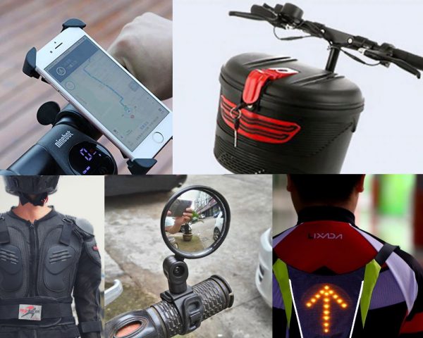 5 different accessories for an electric scooter, app, bag, armor, mirror, turn signal widget
