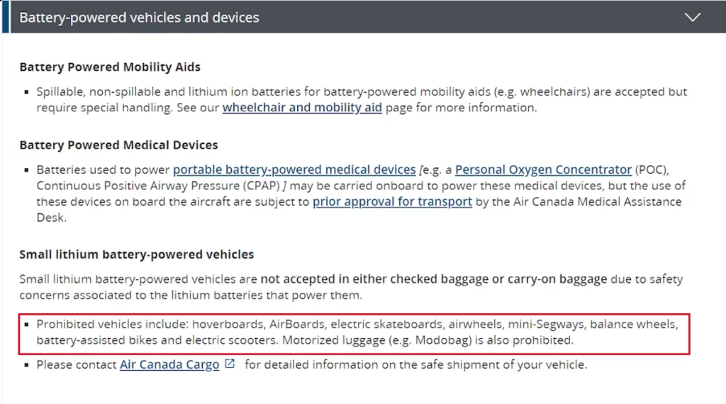 list of prohibited items for Air Canada flights, specifying electric scooters as prohibited items 