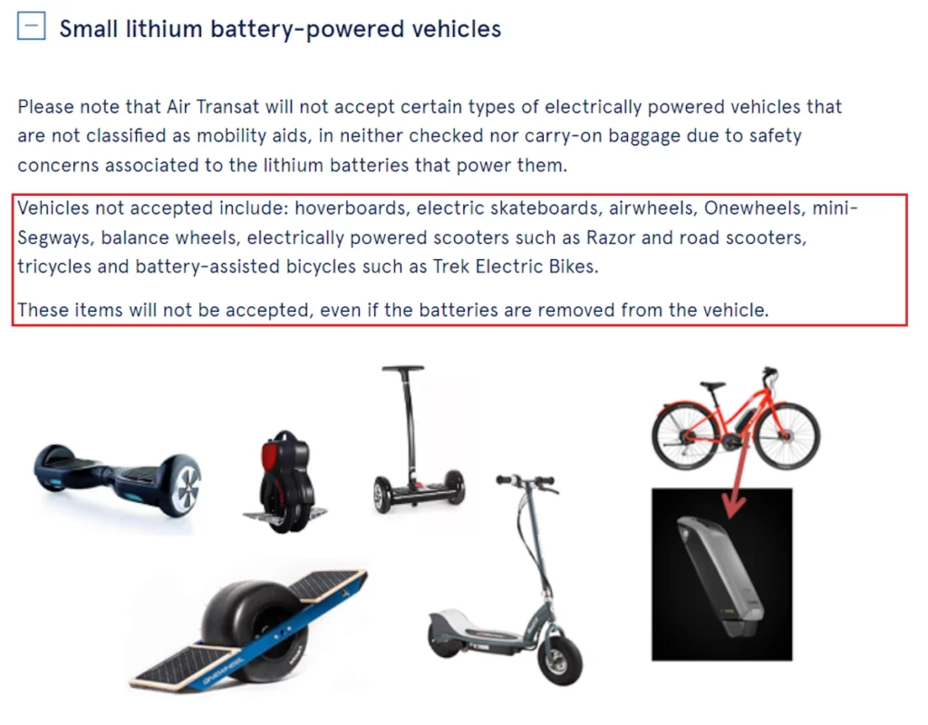airtransat airlines screenshot from the restricted items list stating that electric scooters are not accepted on flight.