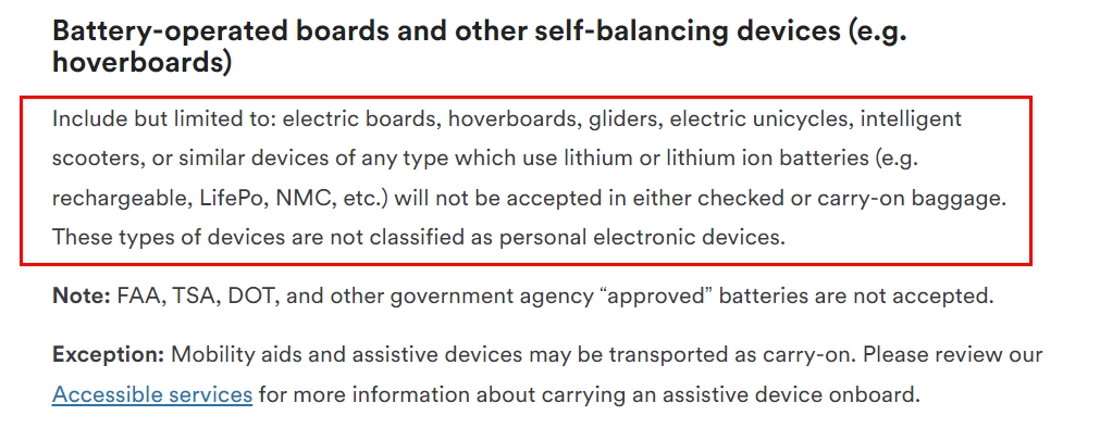 alaska airlines screenshot from the restricted items list stating that battery operated boards and other self-balancing devices are not accepted on the flight.