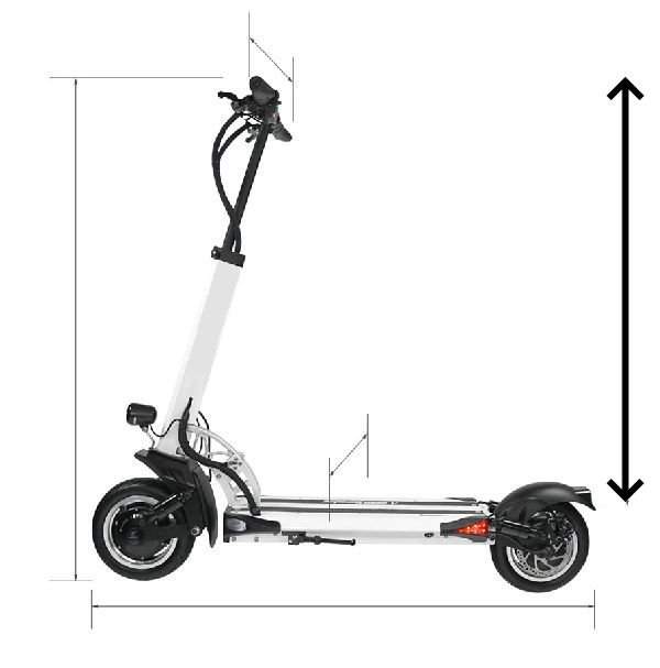 diagram of an electric scooter with many arrows pointing out its dimensions with the biggest arrow pointing the deck to handlebar height