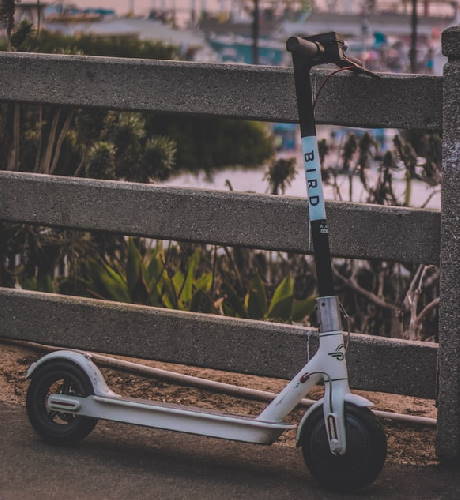 Bird rental electric scooter leaning against a fence