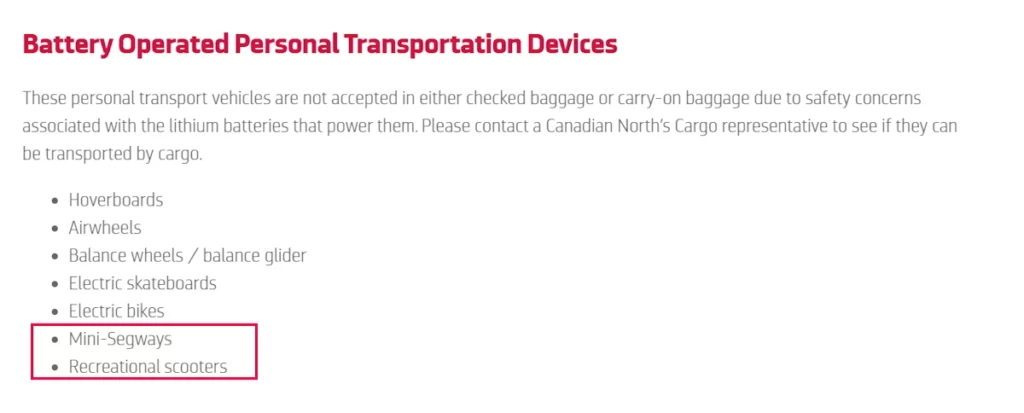 canadian north airlines screenshot from the prohibited items list stating that recreational scooters and mini-segways are not allowed on flight.