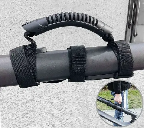 black carrying handle for electric scooter also showing how it looks to carry it