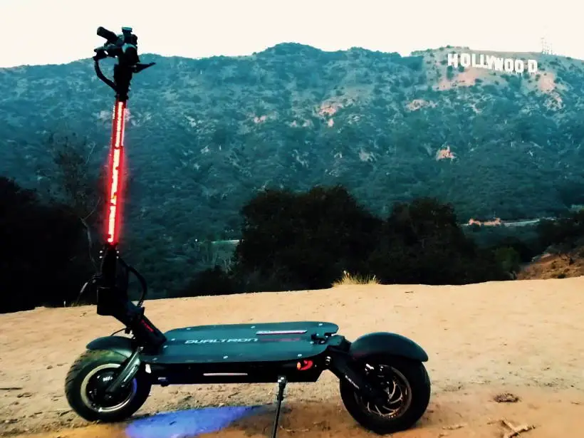 Dualtron Thunder with lights on standing on a hill in Hollywood