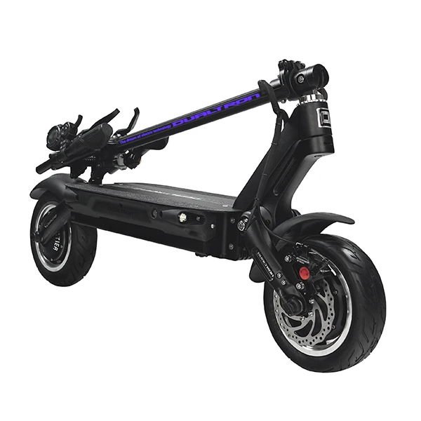 front diagonal view of a folded black Dualtron 3 electric scooter with a purple logo on the stem on a white background