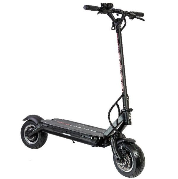 front diagonal view of a black Dualtron Thunder electric scooter leaning on its stand