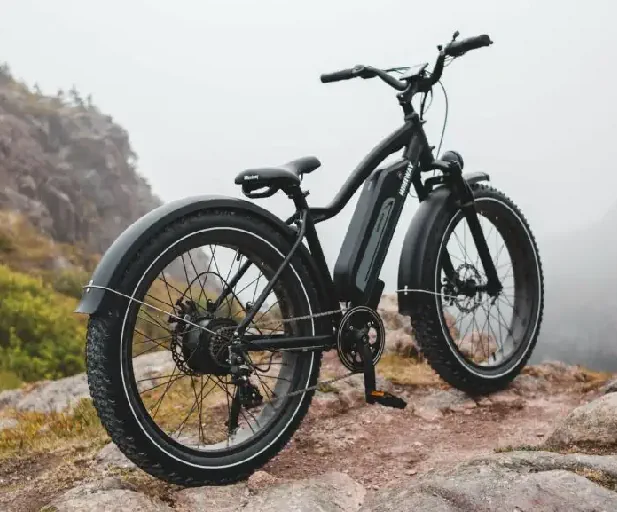 electric mountain bike standing on the top of a mountain