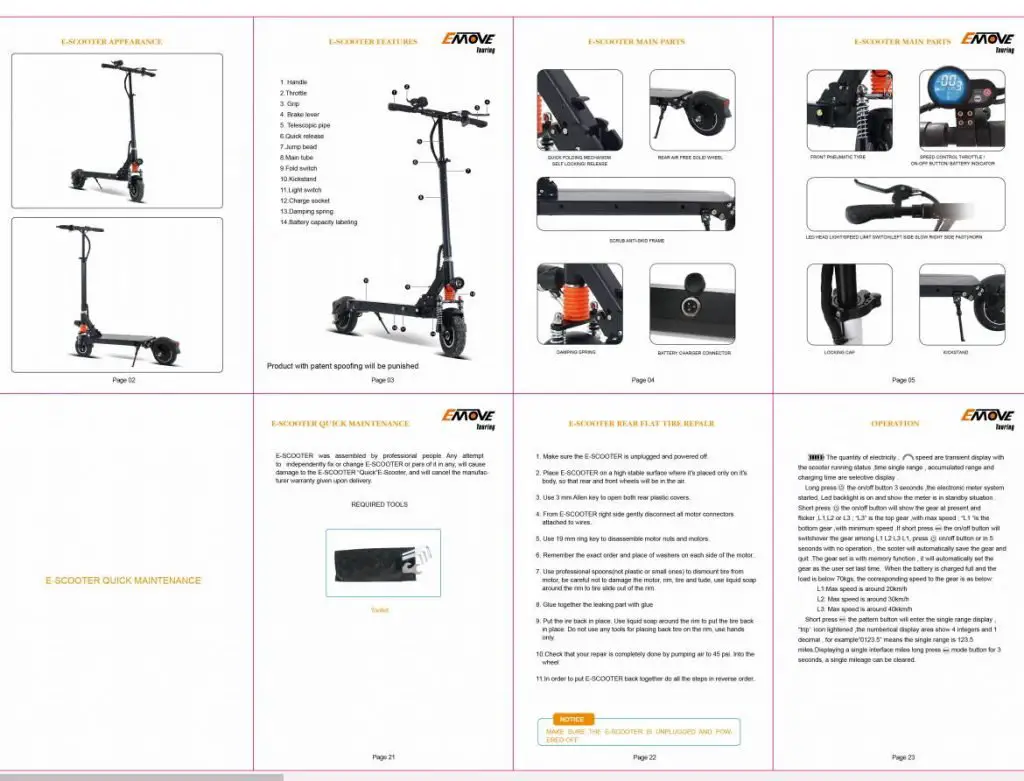 several pages from the user manual of the EMove Touring