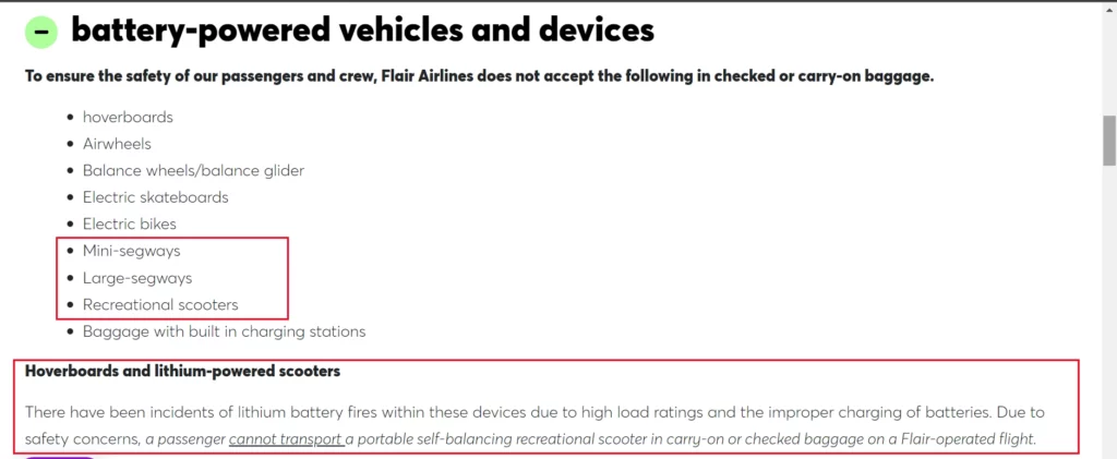 flair airlines screenshot from the restricted items list stating that recreational scooters, mini and large segways are not allowed on the flight.