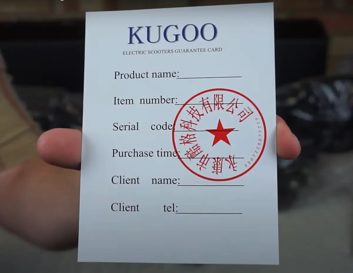 guarantee card of kugoo s1 pro