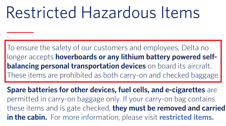 screenshot of Delta Airlines restricted hazardous items section, highlighted part says that Delta does not allow self-balancing personal transport vehicles