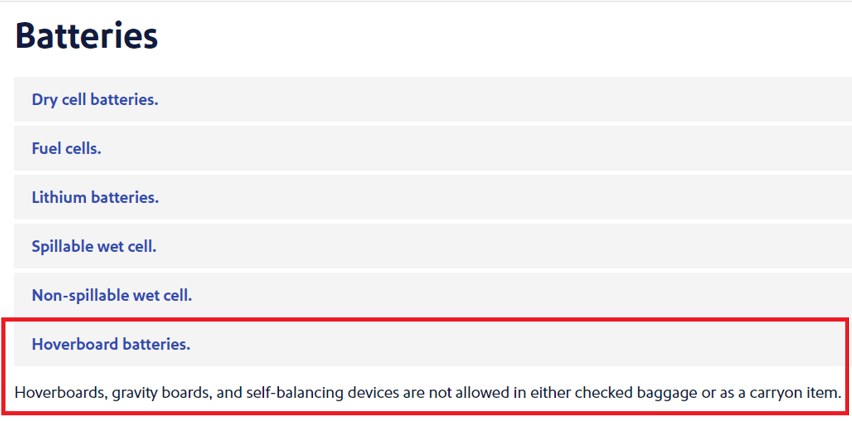 screenshot of Southwest Airlines special baggage and sports equipment page, highlighting that self-balancing devices are not allowed