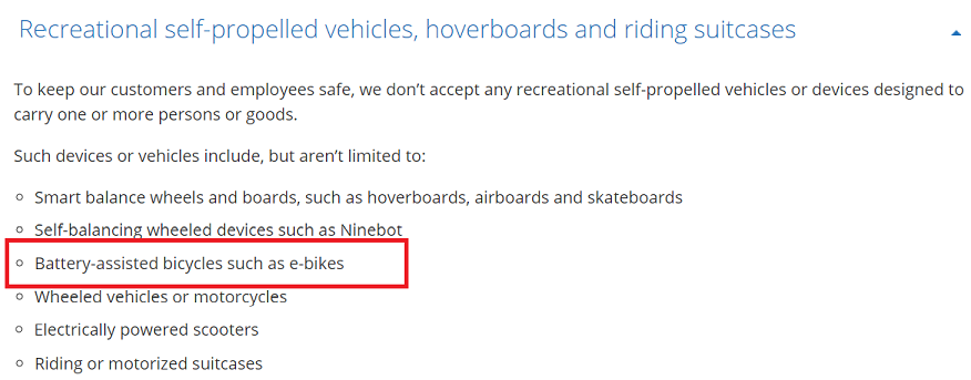 United Airlines list of dangerous items, highlighting battery-assisted bicycles and e-bikes as not accepted to be carried on board