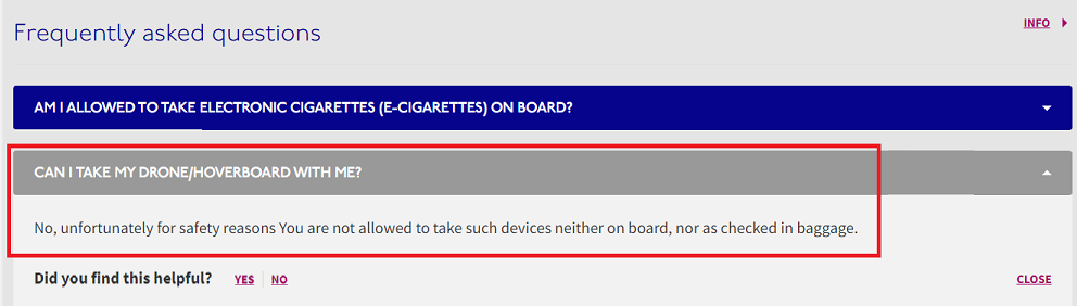 Wizzair FAQ page highlighting electric vehicles as not allowed on board