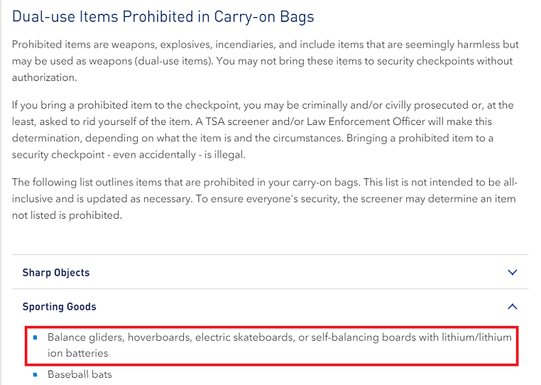 Jet Blue Airlines prohibited items list, highlighting electric vehicles as prohibited on board